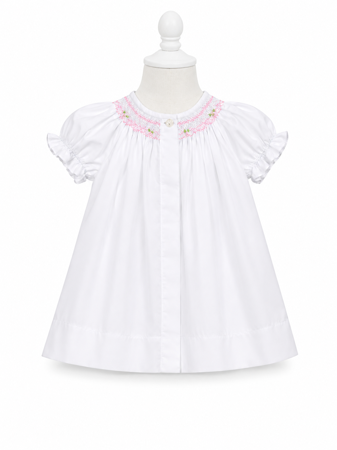 Pink Floral Smocked White Button-Front Bishop Dress 10108DGG