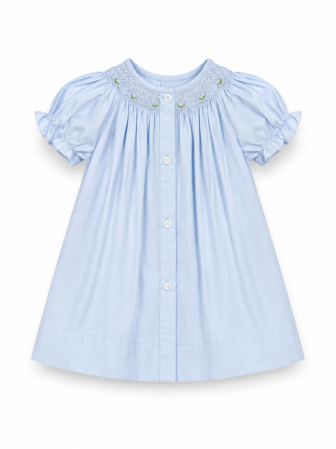 Baby Blue Floral Smocked Button-Front Bishop Dress 10112DGG