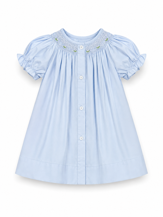 Baby Blue Floral Smocked Button-Front Bishop Dress 10112DGG