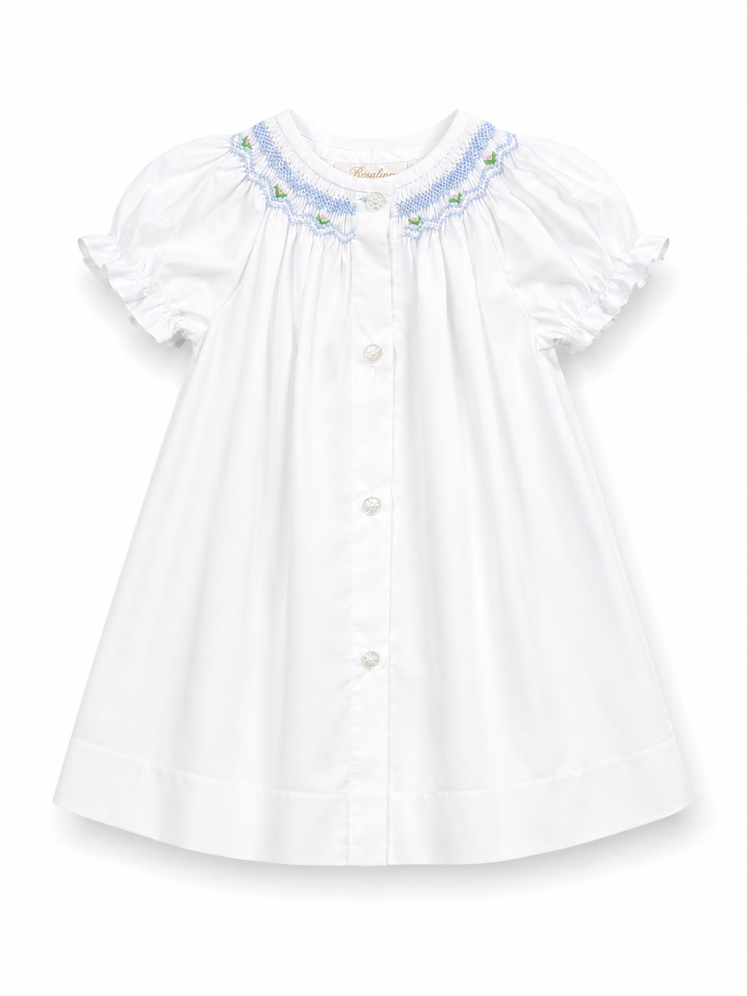 Blue Floral Smocked White Button-Front Bishop Dress 10115DGG