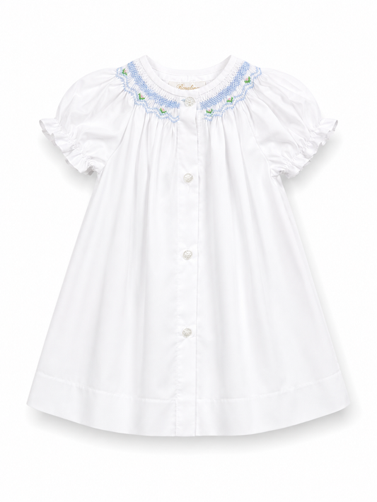Blue Floral Smocked White Button-Front Bishop Dress 10115DGG