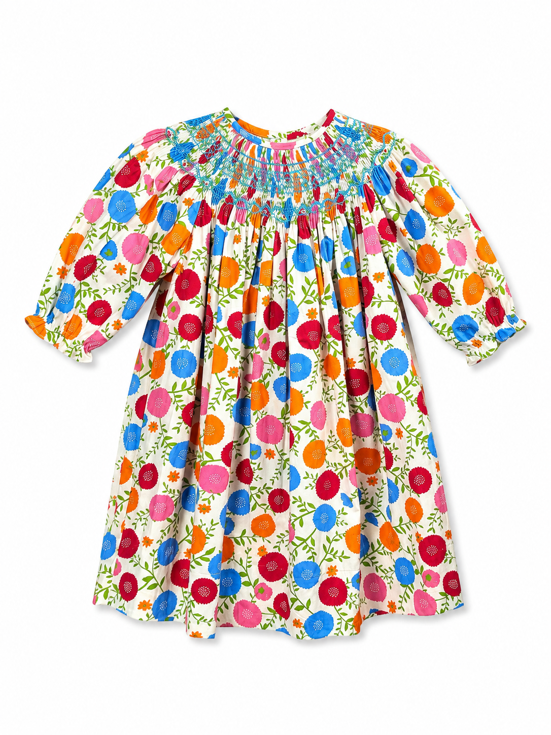 Bishop 3/4 sleeve baby dress with a colorful floral and fruit print on a cream background, featuring a smocked neckline and puff sleeves.