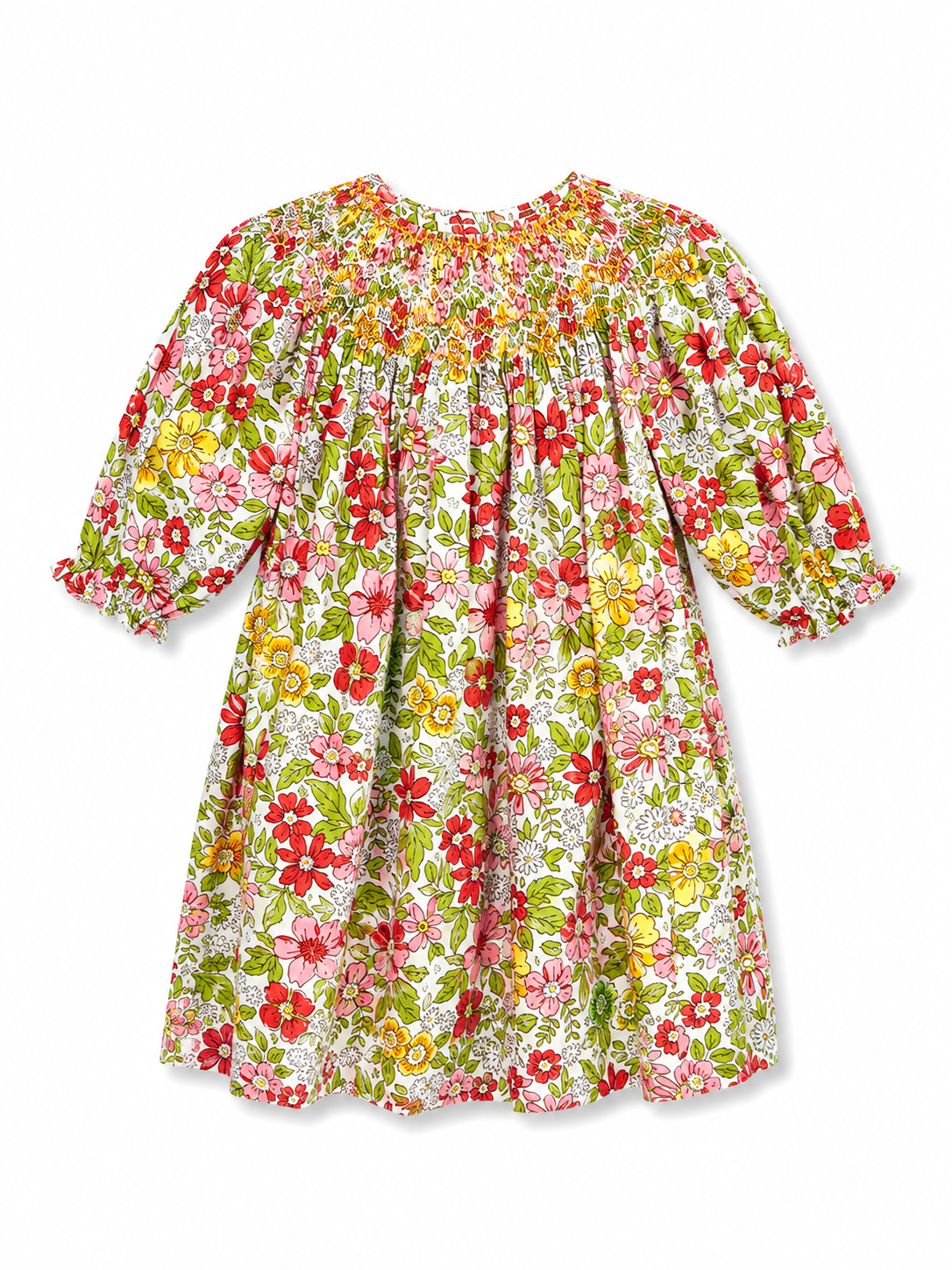 A 3/4 long-sleeve floral dress with a smocked bodice and ruffled sleeves, featuring a vibrant pattern of red, pink, yellow, and green flowers on a white background.