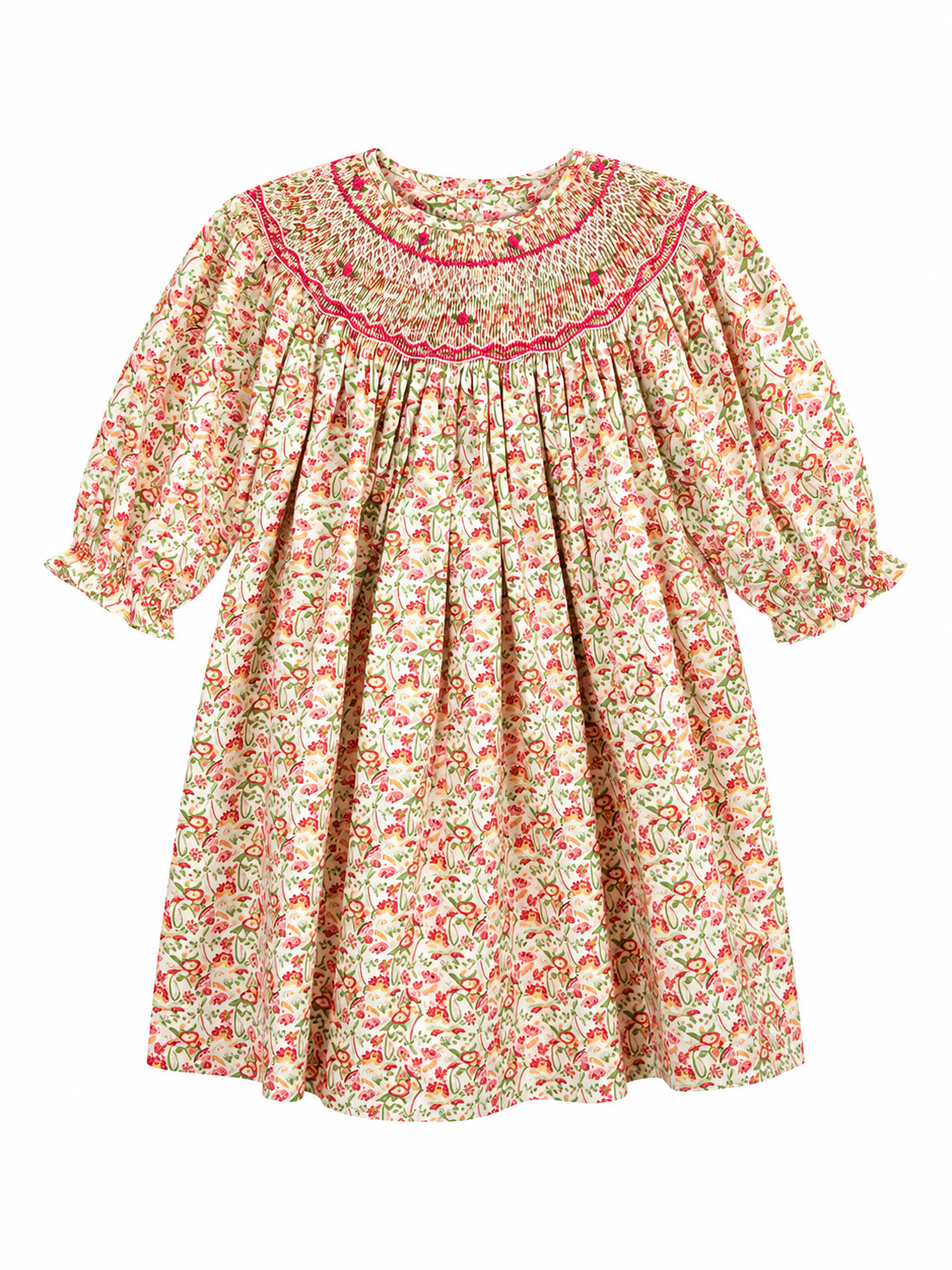 A 3/4 sleeve baby dress with a delicate red and green floral print on a cream background, featuring a smocked round neckline with pink embroidered trim.