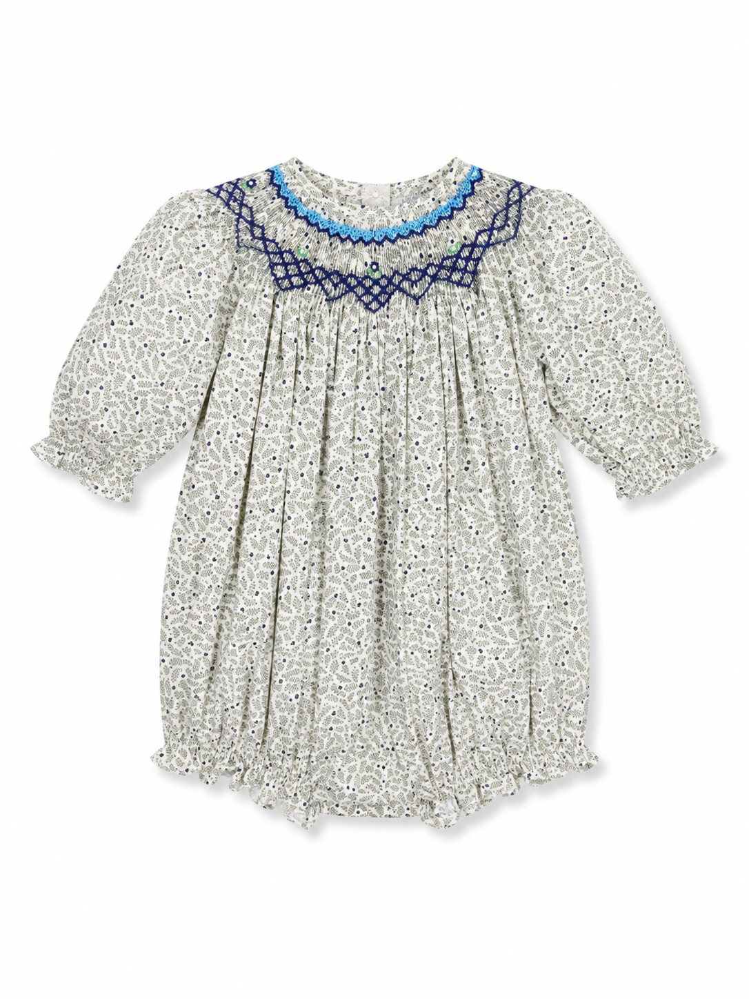 A baby girl's long-sleeve smocked dress with a white and gray floral print, featuring a blue crocheted collar.