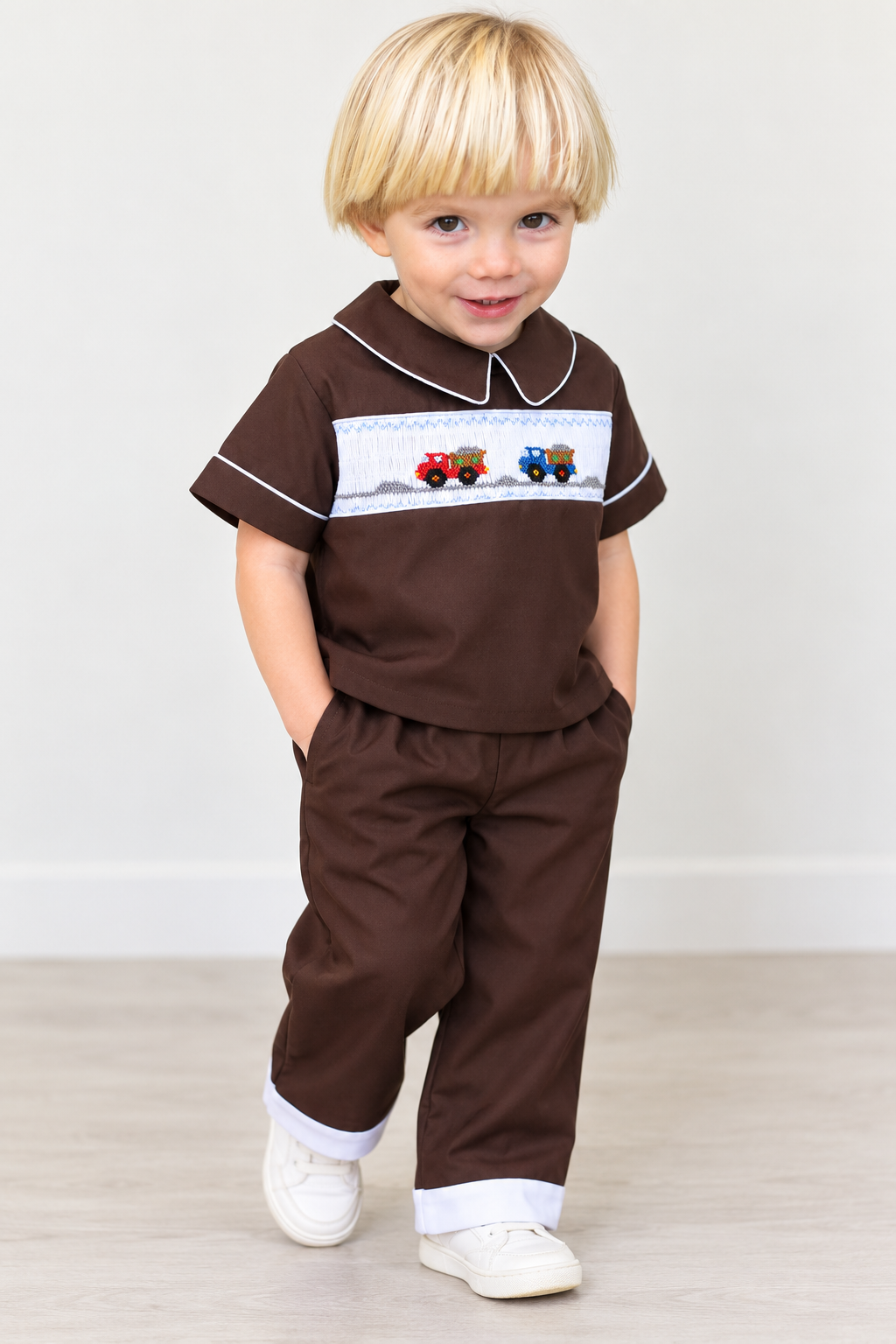 Dump Trucks Dk. Brown Smocked Shirt & Pants with Pockets