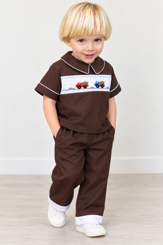 Dump Trucks Dk. Brown Smocked Shirt & Pants with Pockets
