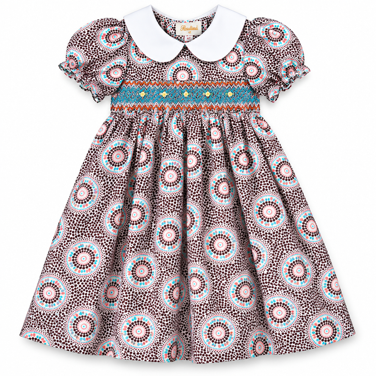 Brown & Pink Dotted Swirl Smocked Baby Dress w/Peter Pan Collar