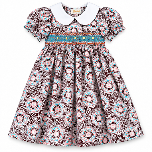 Brown & Pink Dotted Swirl Smocked Baby Dress w/Peter Pan Collar