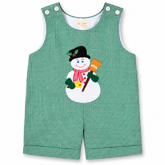 Jolly Snowman Green Gingham Romper with Pockets
