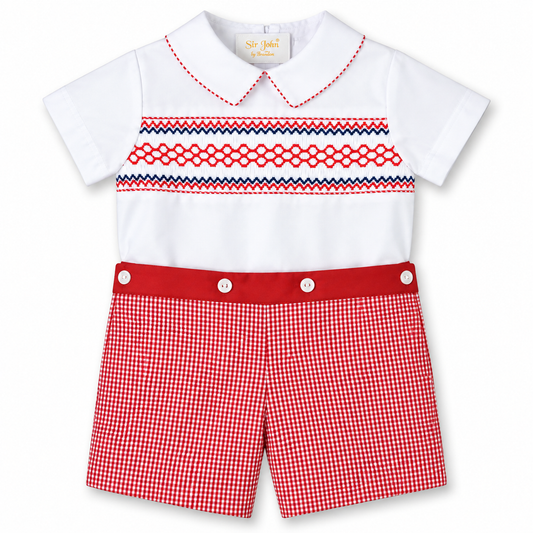 Patriot White Red Gingham Button-On Smocked Short Set