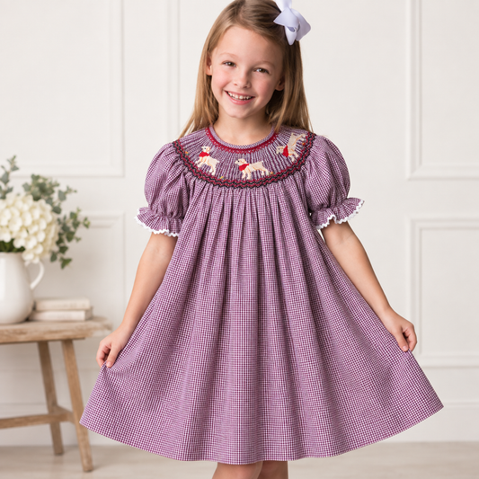 Lovable Labs Maroon White Gingham Smocked Bishop w/RicRac