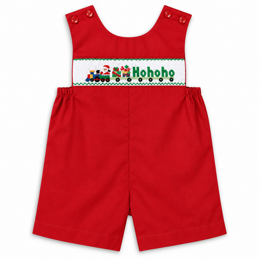 Santa HO HO HO Train Red Smocked Romper