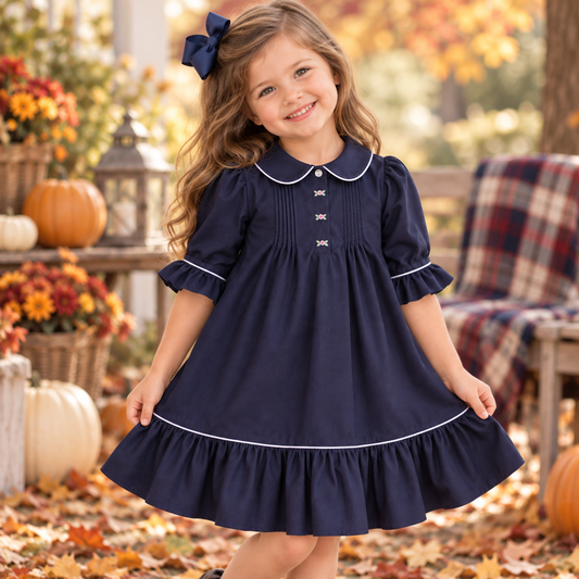 Ellie Navy Blue Pleated Dress with Bell Sleeves
