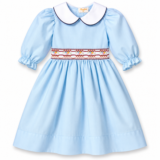 Medium Blue 3/4 Sleeve Brown Trim Smocked Baby Dress w/Peter Pan Collar