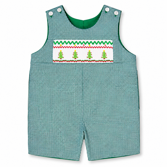 Christmas Trees Green Gingham Reversible Smocked Romper