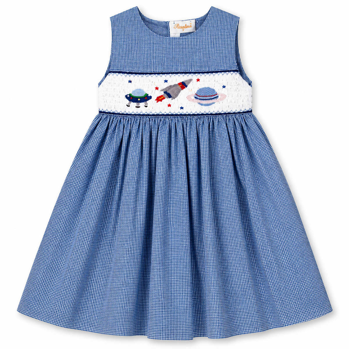 Space Adventure Blue Gingham Smocked Sundress