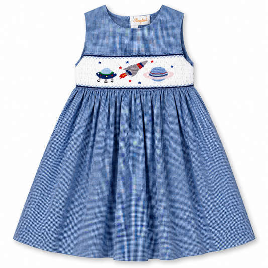 Space Adventure Blue Gingham Smocked Sundress