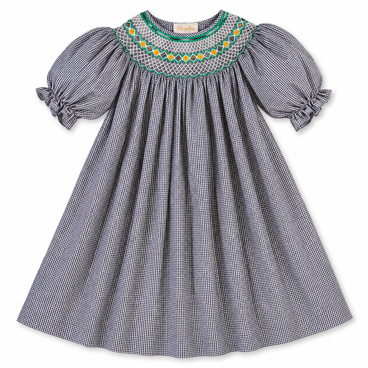 Rosebuds Black Gingham Smocked 3/4 Sleeve Bishop