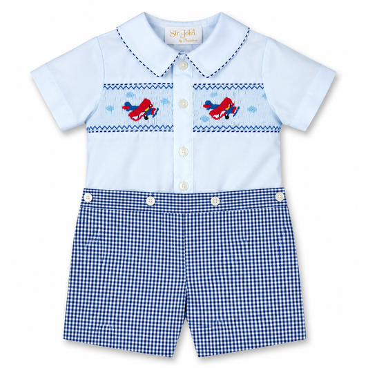 Airplanes Light Blue & Navy Gingham Smocked Button-On Short Set