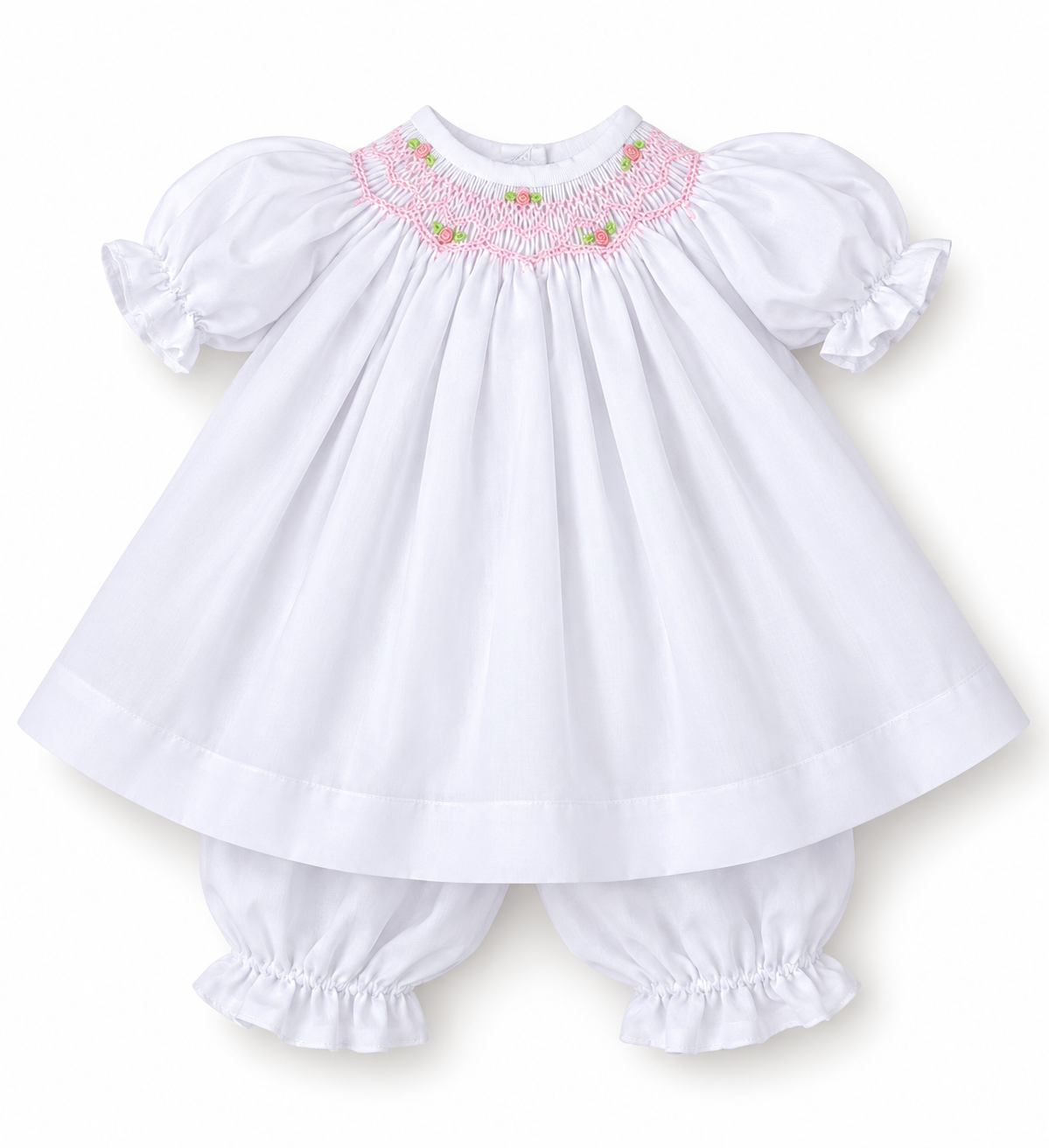 White with Pink Roselle Smocked Doll Dress w/opt. Bonnet