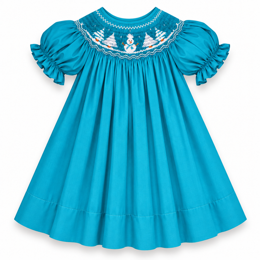 Wonderland Snowman Winter Blue Smocked Bishop