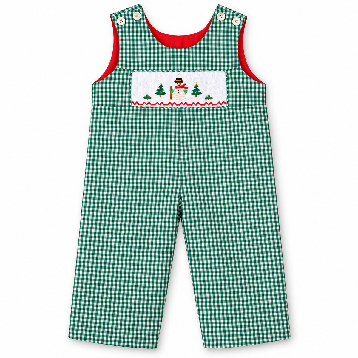 Snowman Lg. Green Gingham Smocked Reversible Longall