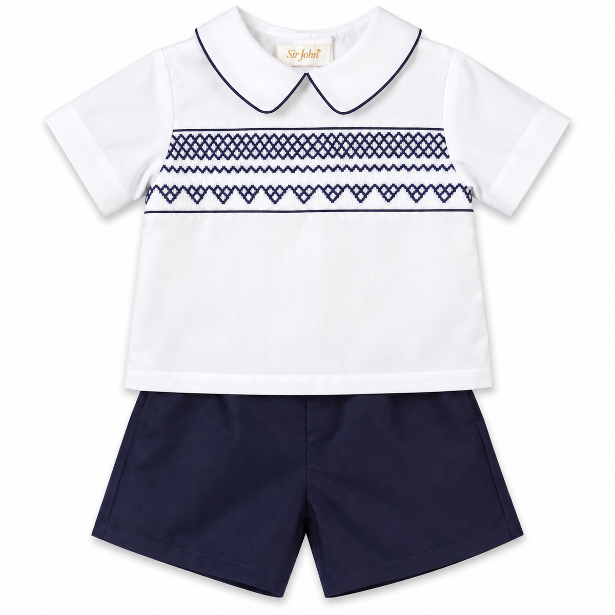 White & Navy Blue English Smocked Short Set