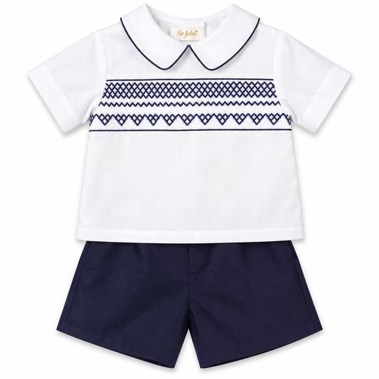 White & Navy Blue English Smocked Short Set