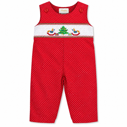 Christmas Tree Rocking Horses Red Polkadot Smocked Girl Kicker