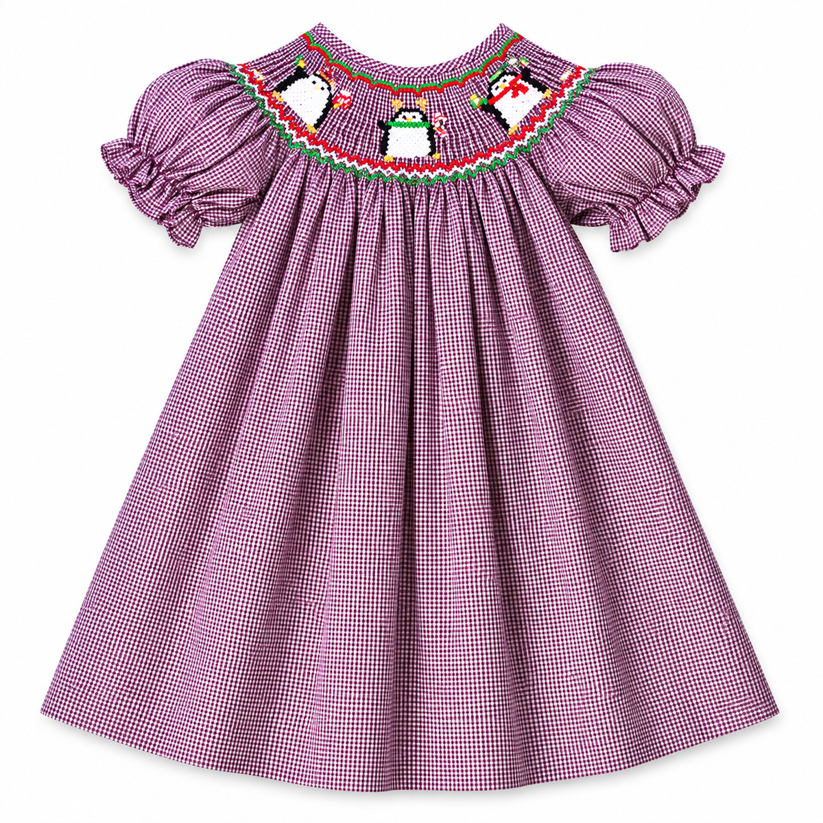 Holiday Penguins Berry Gingham Smocked Bishop