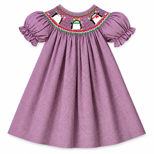 Holiday Penguins Berry Gingham Smocked Bishop