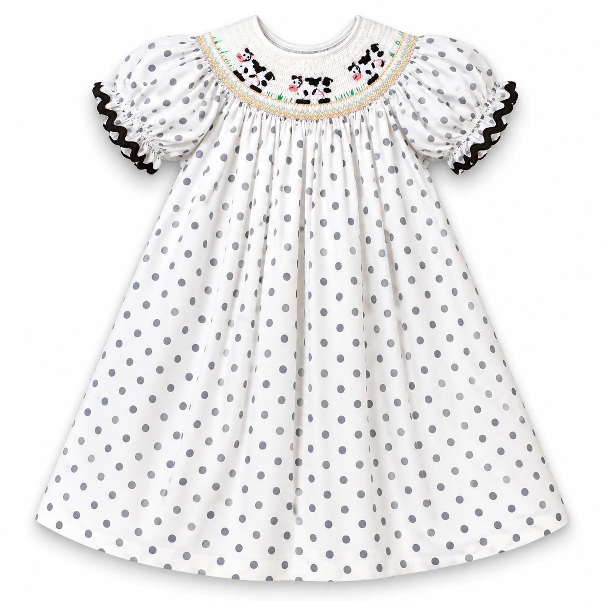 Cows White & Grey Polka Dot Smocked Bishop with RicRac