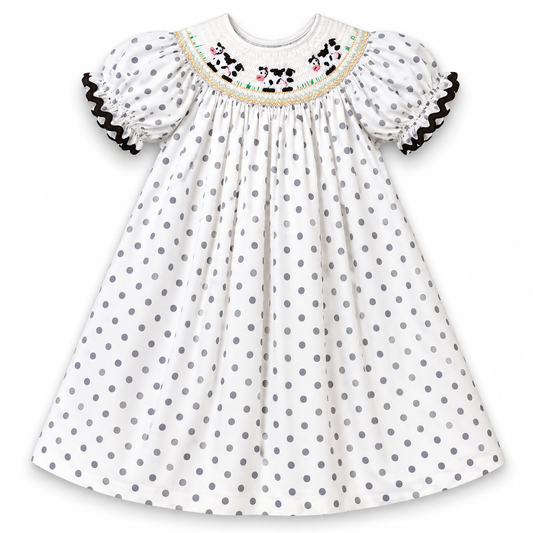 Cows White & Grey Polka Dot Smocked Bishop with RicRac