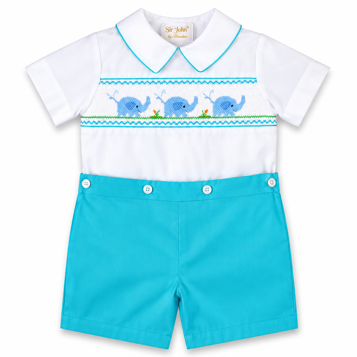 Elephant Smocked Turquoise Button-on Short Set