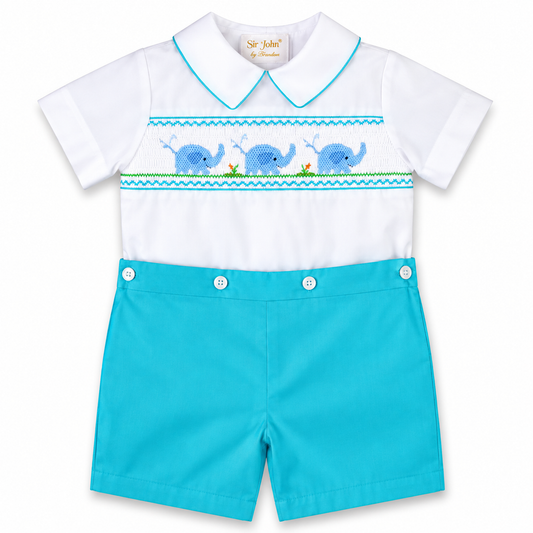 Elephant Smocked Turquoise Button-on Short Set