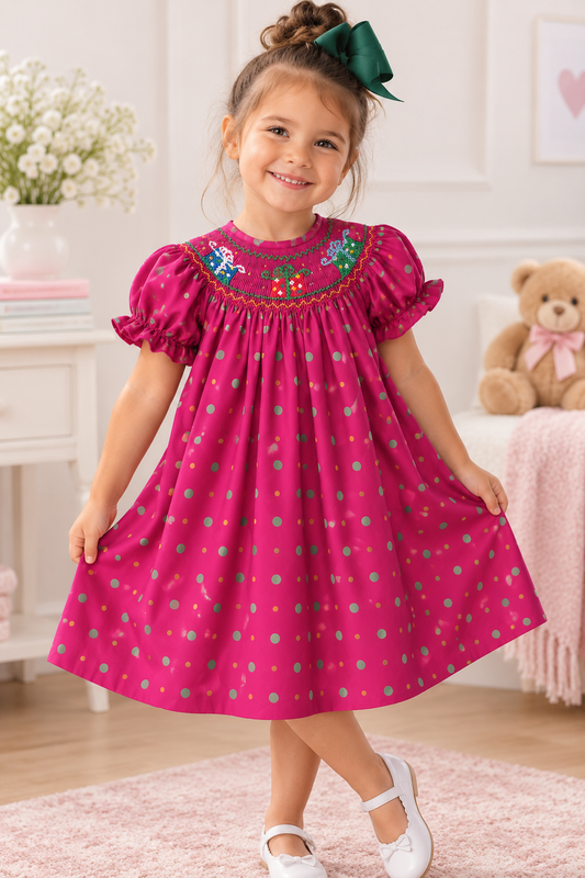 Fancy Presents Magenta Multi Dot Smocked Bishop