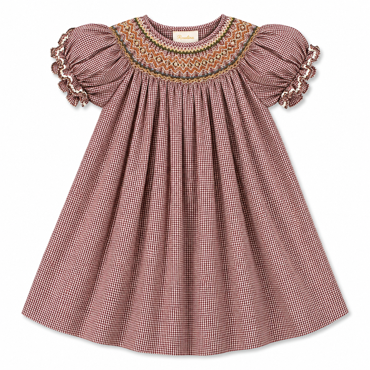 Brown Gingham English Smocked Bishop w/RicRac