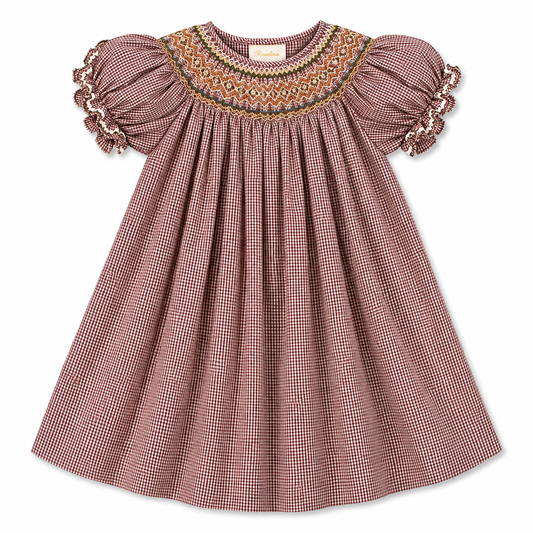 Brown Gingham English Smocked Bishop w/RicRac