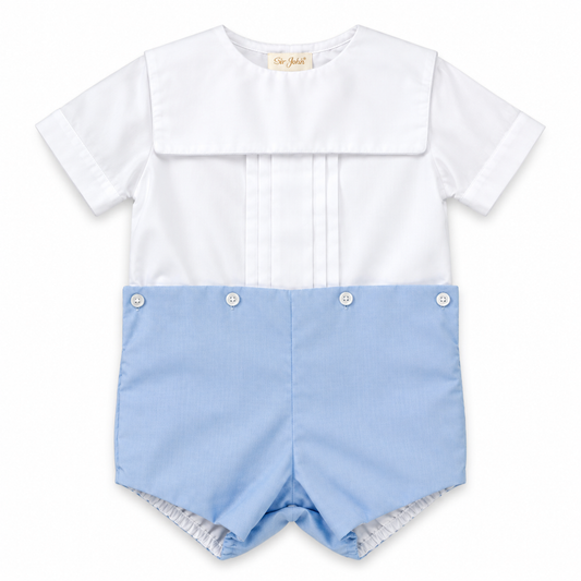 White & Blue Square Collar Button-On Short Set