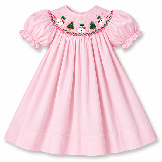 Snowmen & Christmas Trees Pink Smocked Bishop