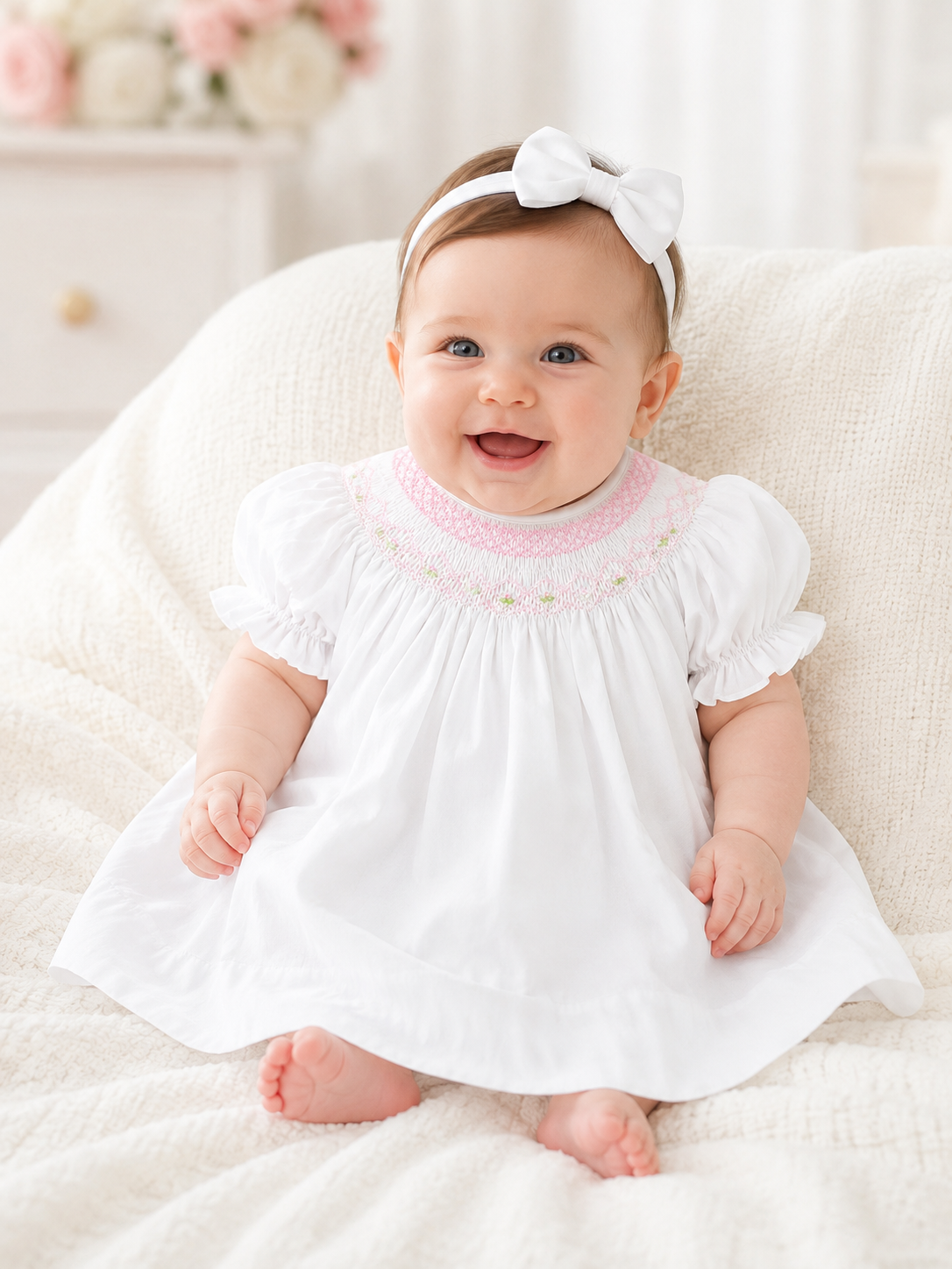 Pink Floral Smocked White Bishop Dress 10107DGG