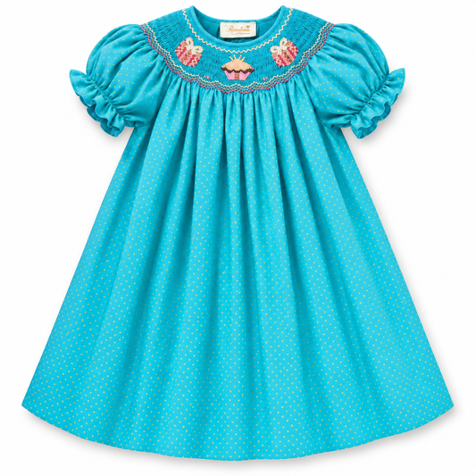 Birthday Cupcake & Presents Turquoise and Green Dotty Smocked Bishop