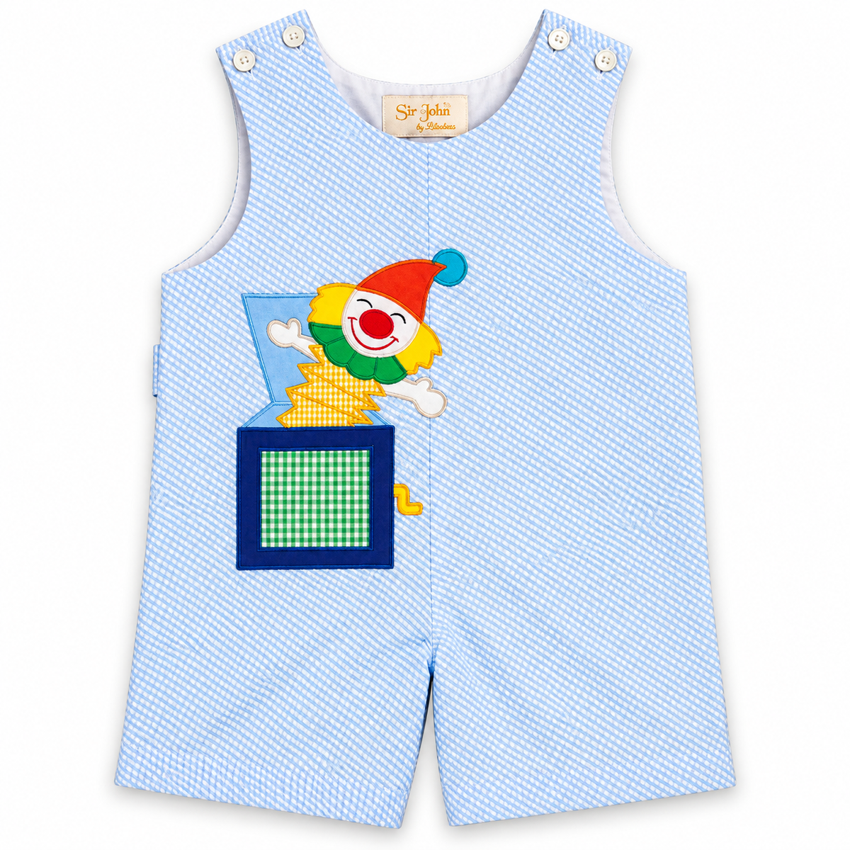 Clown Applique Blue Striped Seersucker Romper