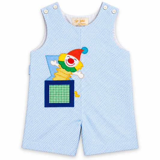 Clown Applique Blue Striped Seersucker Romper