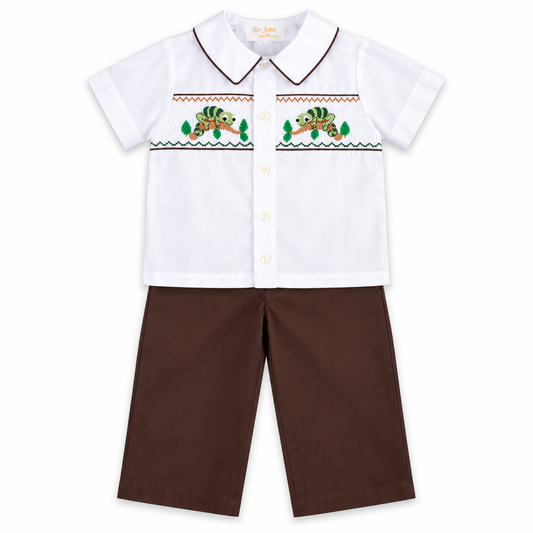 Chameleon Green Lizard Brown/White Smocked Pants Set