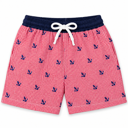 Navy Anchors Red Gingham Embroidered Boy Swim Shorts