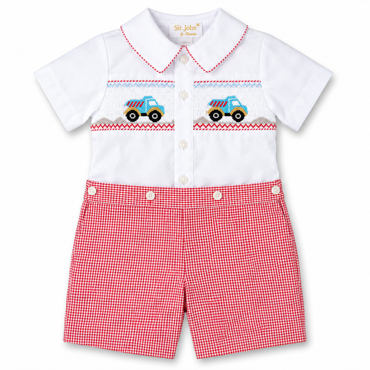 Dump Trucks Wht/Red Gingham Smocked Button-On Short Set