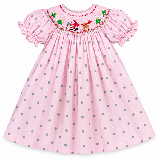 Santa & Reindeer Pink Multi Dot Smocked Bishop