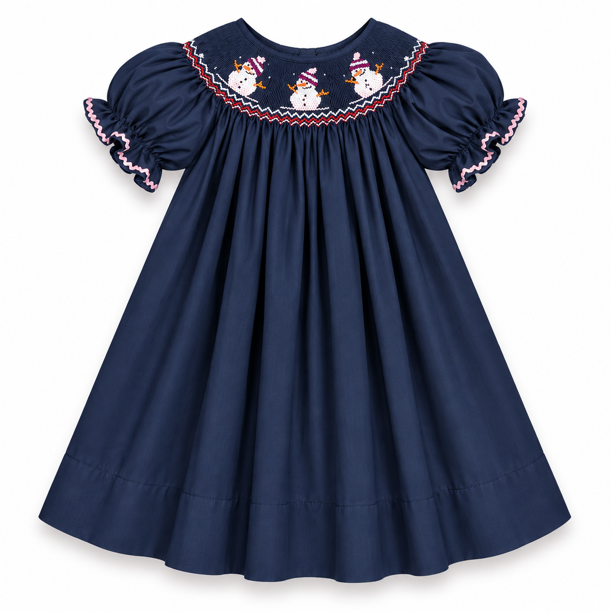Snowman Trio Navy Blue Smocked Bishop w/RicRac
